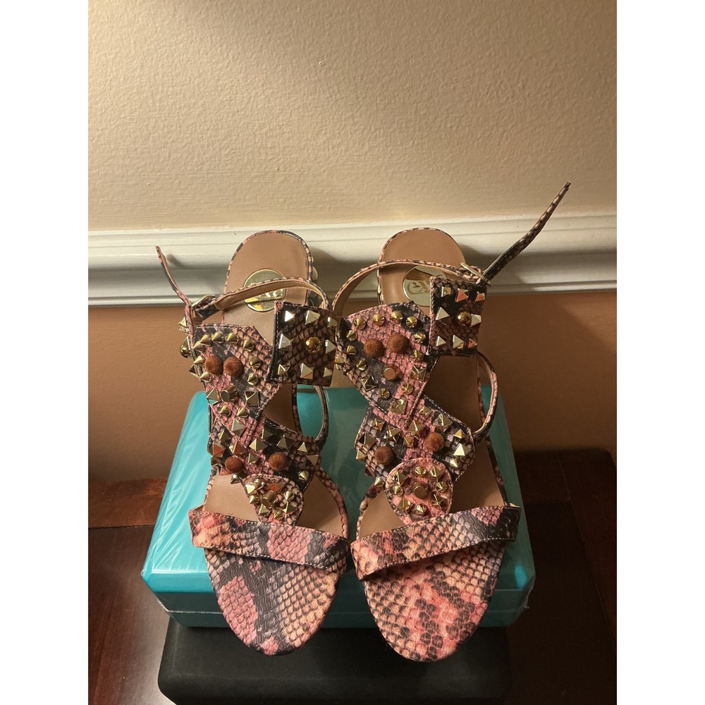 Exe Pink Snakeskin Studded Leather Sandals Gold Sculptural Block Heel 39/8.5